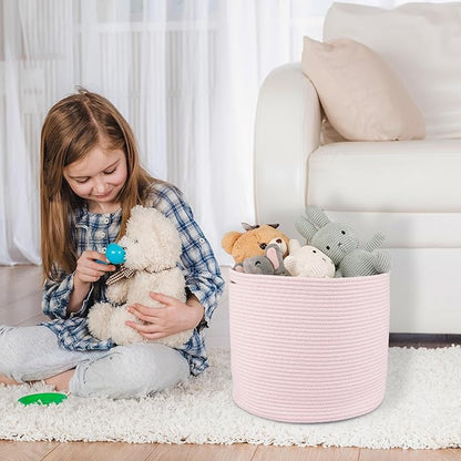 XUANGUO Cotton Rope Basket For Girls Kids 16”X14” Baby Laundry Baskets Nursery Bin Round Woven Basket Organizer For Storage Toys Blankets Shoes Clothes pink
