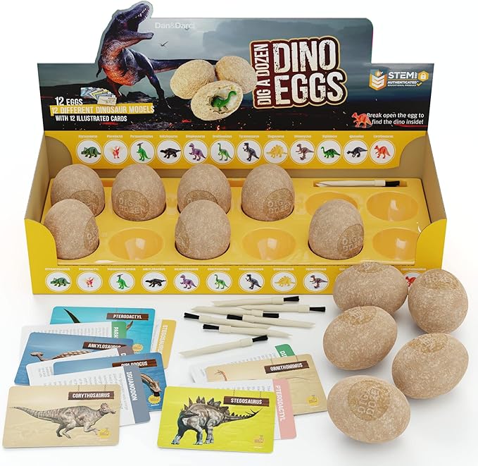 Dan&Darci Easter Dig a Dozen Dino Egg Kit for Kids - Dinosaur Toys Gift 3-12 Year Old - 12 Eggs & Surprise Dinosaurs - Science STEM Activities - Educational Boy Toy Party Gifts for Boys & Girls