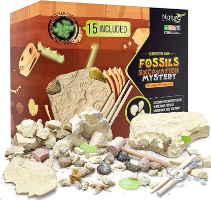 Nature Gear Dino Fossil Dig Kit for Kids, Educational Excavation Kit with 15 Glow in The Dark Mystery Fossils, Interactive Dinosaur Science Kits for Kids Age 3-5 and Up, Excavation Adventure Kit