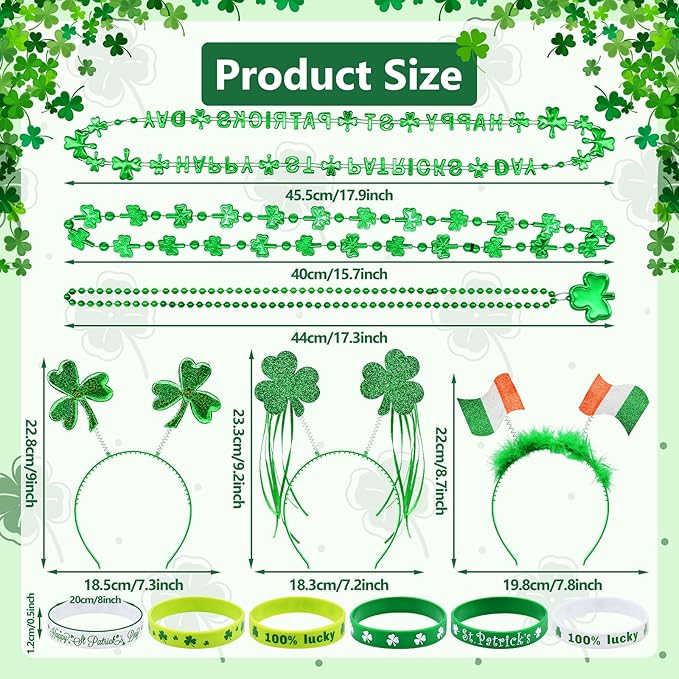 24 Pcs St. Patrick's Day Party Favor Set with 6 Pcs Shamrock Headbands, 12 Pcs Lucky Silicone Bracelets, and 6 Pcs Clover Necklaces Accessories for St. Paddy's Irish Decorations and Celebrations