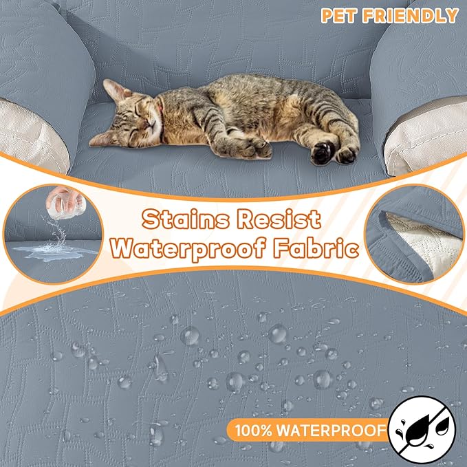 XINEAGE 100% Waterproof Recliner Chair Covers with Elastic Straps, Nonslip Reclining Couch Covers Washable Recliner Couch Cover with Pockets Furniture Protector for Pets Dogs (Greyish Blue, 23")