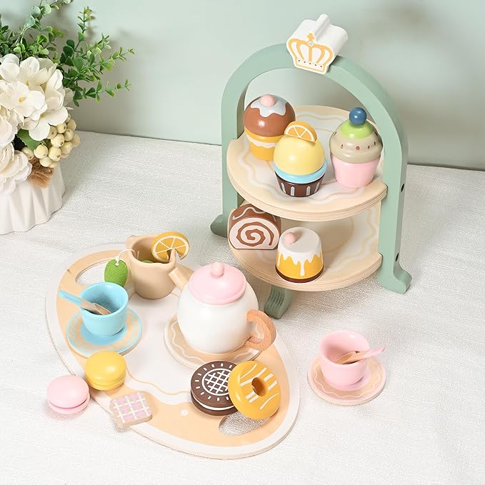 23pcs Wooden Tea Set for Little Girls, Toddler Tea Set Wooden Toys Play Kitchen Accessories with Cupcake Stand and Tray, Kids Tea Party Set Pretend Play Food Birthday Gift Playset
