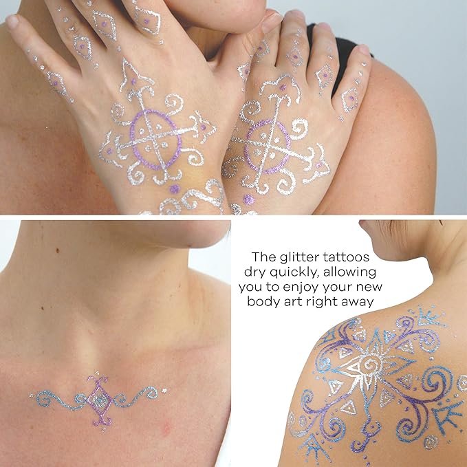 Jacquard Glitter Body Art Kit - Complete Glitter Tattoo Kit for Kids and Adults - Temporary Glitter Tattoos for Parties or Events - Glitter Tattoo Stencils 3 Jars of Glitter, Adhesive, & Instructions