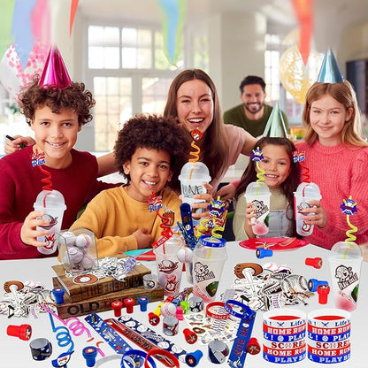 146 Pcs Baseball Party Favors, Sports Party Supplies with Cup Straw Baseballl Keychain Tattoo Sticker Slap Bracelet Whistle Treat Bag Gifts for Classroom Rewards Sports Birthday Party (Baseball)