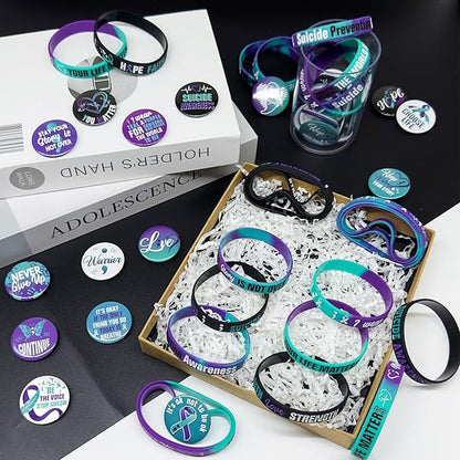60 Pcs Suicide Prevention Awareness Accessories Bulk Include 30 World Suicide Prevention Day Hope Faith Bracelets and 30 Teal Purple Ribbon Semicolon Round Badges for Suicide Awareness and Prevention