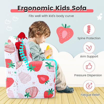 Costzon Kids Couch, Foam Filled Children's Sofa Armchair w/Padded Pillow, Washable Velvet Cover & Soft Sponge Filling, Upholstered Sofa Chair Gift for Preschool, Playroom, Toddler Couch (Strawberry)