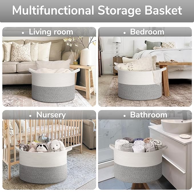 Goodpick Large Storage Basket 19.7'' x 12.6'', Basket for Blankets Living Room, Toy Storage Organizer for Clothes, Toys, 65L Grey