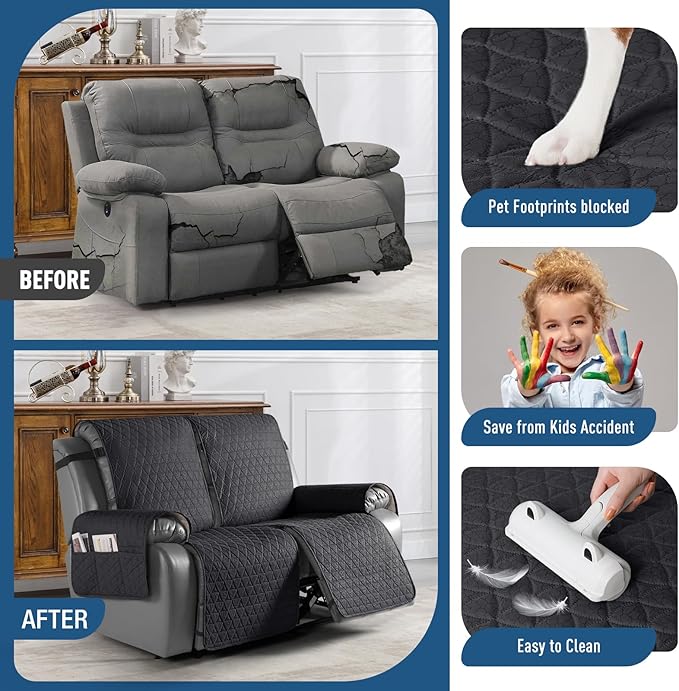 TAOCOCO 100% Waterproof Loveseat Recliner Cover-Recliner Cover with Non-Slip Granule, Recliner Chair Covers with Elastic Band,Washable Recliner Chair/Furniture Protector for Pets(Black, 2 Seater)