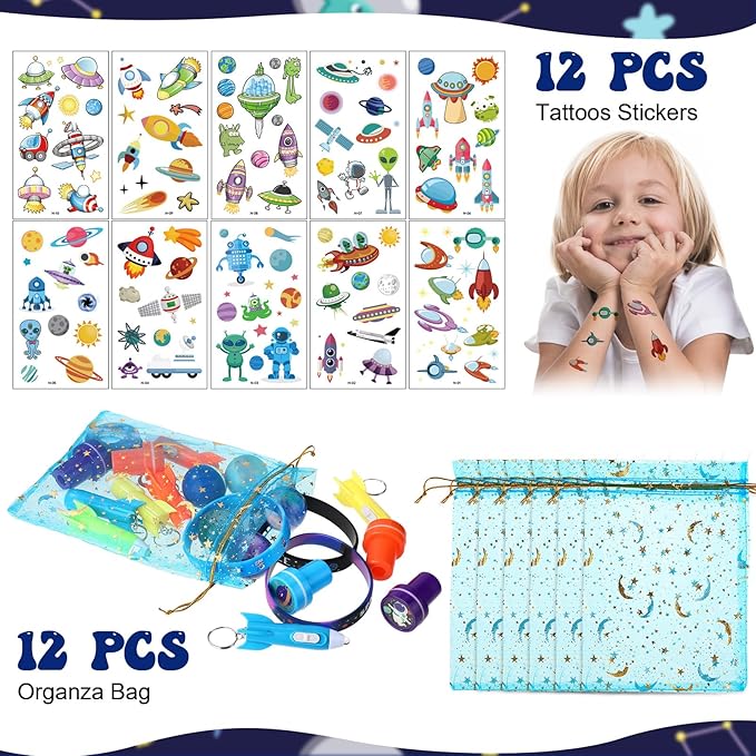 Faccito 84 Pcs Space Party Favors Bouncy Balls Silicone Bracelets Rocket Light Key Chain Stamps Space Party Supplies Galaxy Theme Bag Fillers for Solar System Planet Theme Birthday Classroom Rewards