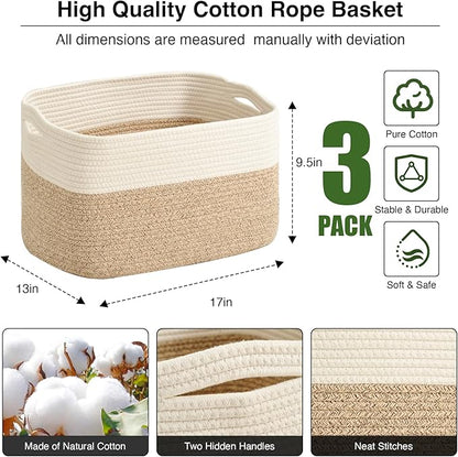 ICERZCZ Large Storage Baskets for Organizing Shelves, Woven Cotton Rope Bins for Baby Nursery Organization, Book Toy Towel Organizer, 17"x13"x9.5", 3 Packs, Off White & Brown
