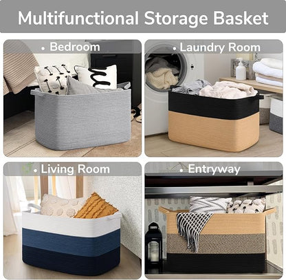 Goodpick 85L Large Woven Blanket Basket 23.6" x 15.7" x 13.8" Cotton Rope Storage Organizer for Dirty Clothes Pillows, Rectangle Toy Storage Basket for Nursery Bedroom, Gray