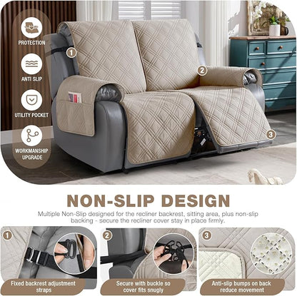 TAOCOCO 100% Waterproof Oversized Recliner Loveseat Cover, Non Slip Extra Wide Recliner Covers with Straps for Reclining Loveseat for Kids Pets, Spilt Cover(2 Seater Oversized, Cream)
