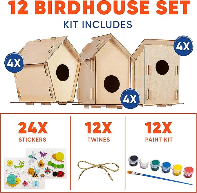12 DIY Bird House Kits For Children to Build - Wood Birdhouse Kits for Kids to Paint - Unfinished Wood Bird Houses to Paint for Kids - Wood Craft Project Kits - Wooden Arts & Craft for Girls & Boys