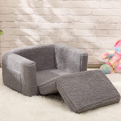ALIMORDEN 2-in-1 Flip Out Cuddly Sherpa Toddler Couch, Convertible Sofa to Lounger, Grey