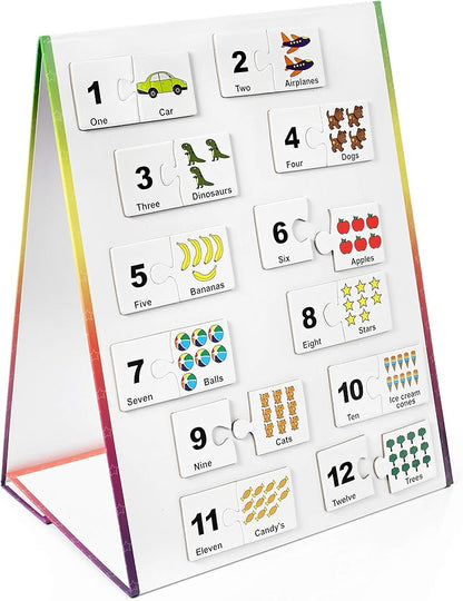 Kids Self-Standing Double-Sided Tabletop Magnetic Easel Dry Erase White Board. Includes 8 Dry Erase Markers + Educational Magnetic Numbers Puzzle (Easel + Puzzle)