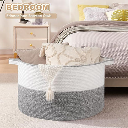 OIASKET XXL Large Blanket Basket with Handles, 105L Woven Storage Basket for Living Room, Cotton Rope Baby Toy Storage for Clothes, Pillows, Towels-Grey & White