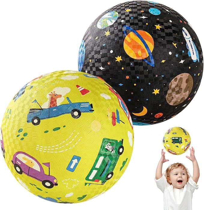 U&C Planet Playground Balls for Toddlers 1-3, 2 Pack 6 inch 8.5 inch Kickball for Kids Outdoor Indoor, Catoon Rubber Balls with Pump, Child Gift for Boys Girls 1-3 3-5 5-10