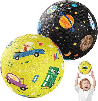 U&C Planet Playground Balls for Toddlers 1-3, 2 Pack 6 inch 8.5 inch Kickball for Kids Outdoor Indoor, Catoon Rubber Balls with Pump, Child Gift for Boys Girls 1-3 3-5 5-10