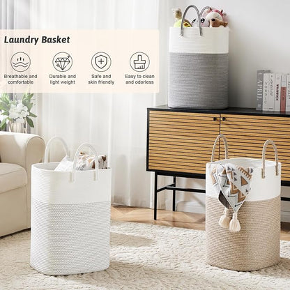 Laundry Basket,Woven Cotton Rope Laundry Hamper,Versatile Storage for Dirty Clothes,Baby Toys,and Blankets in Bathroom, Nursery,and Living Room (Grey, 40L)