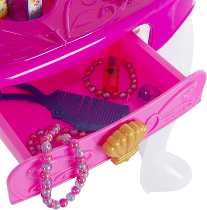 HEY! PLAY! Princess Pretend Play Kid Vanity with Stool – Functional Mirror with Lights and Sounds – Includes Fun Fashion and Makeup Accessories (Pink)
