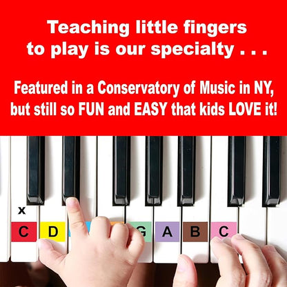 The HAPPY PIANO PRESCHOOLERS Book & Color-Coded Stickers KIT. SO EASY-to-FOLLOW. Kids Toddlers AGES 3-5. Beginner music book, BABY SHARK lesson video, FREE digital bonus, 20K taught since 2006!