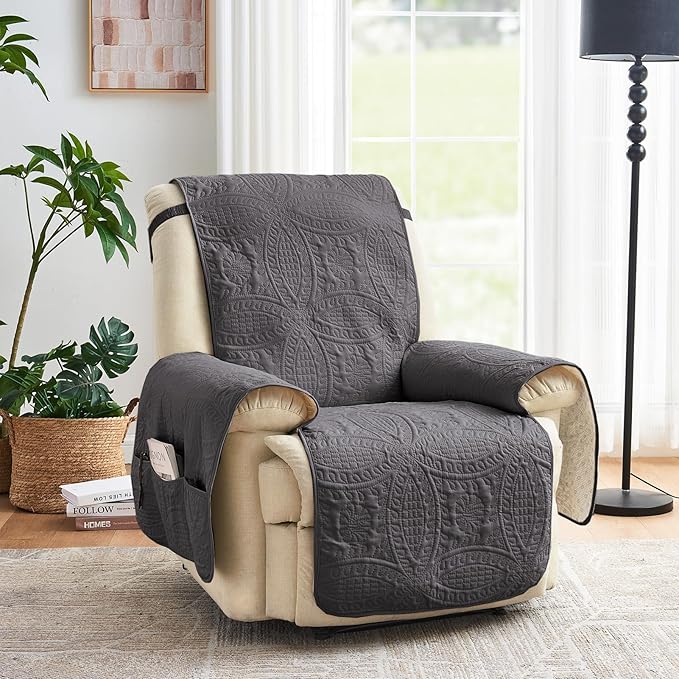 Quilted Recliner Chair Covers,Water-Repellent Recliner Slipcovers, Lazy Boy Recliner Cover Snug Fit, Pet Friendly Recliner Cover for Dogs Cats, Washable Couch Protector (Recliner 22", Gray)
