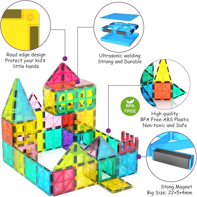 Jasonwell Magnetic Tiles Building Blocks Set for Boys Girls Preschool Educational Magnet Construction Kit Stacking STEM Toys Christmas Birthday Gifts for Kids Toddlers 3 4 5 6 7 8 9 10 + Year Old