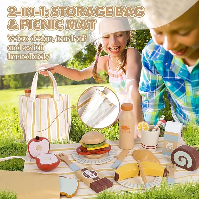 Lehoo Castle Play Food Sets for Kids Kitchen, Wooden Toys Food for Toddlers 1-3, Pretend Picnic Play Set, Cutting Food Toys, Gift for Girls Boys 3 4 5 6