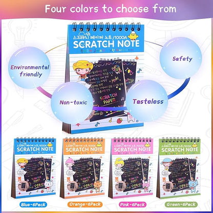 POKONBOY 24 Pack Rainbow Scratch Paper Arts Notebooks, Scratch Note Pads for Kids Rainbow Party Favors Coloring Books for Girls Boys Art Party Supplies