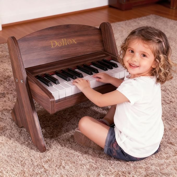 Dollox Kids Piano Digital Keyboard, 25-Key Wooden Electric Keyboard Toys for Toddlers, Baby Musical Instrument for Beginners, Mini Music Birthday Gift for 3-7 Year Old Boys and Girls