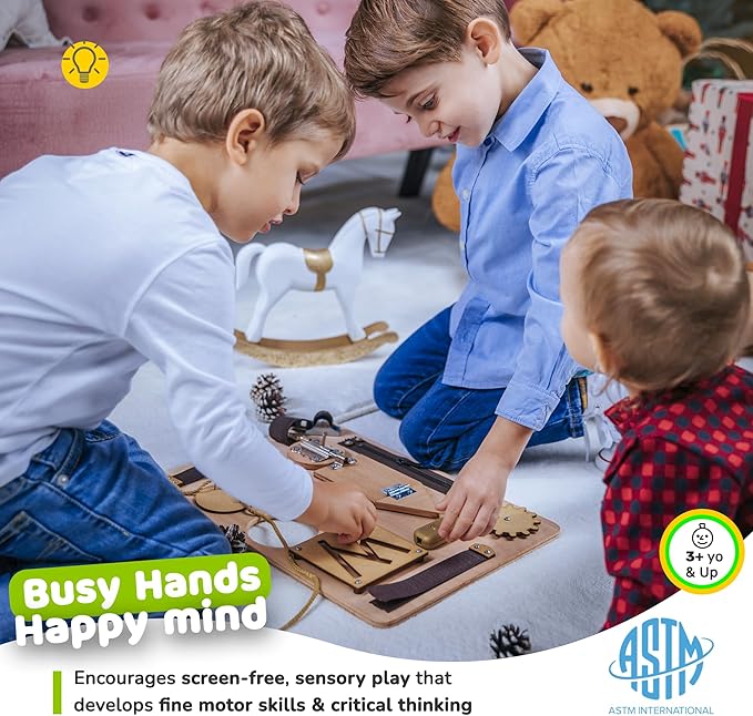 deMoca Sensory Busy Board for Toddlers, Premium Wooden Toddler Busy Board for 1 2 3 Year Old with 10 Educational Activities for Fine Motor Skills, Fidget Activity Toy for Travel