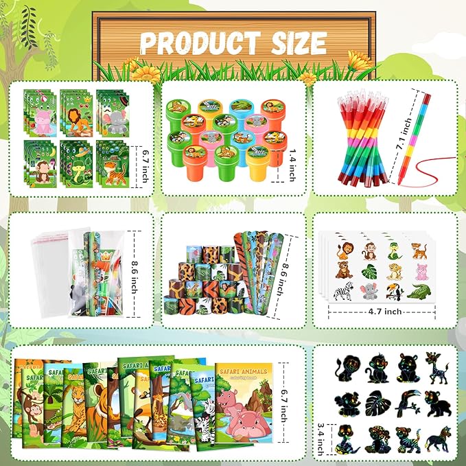 BenLouis 96Pcs Jungle Safari Party Favors Zoo Animals Coloring Books Crayons Sticker Stampers Slap Bracelets Set Bulk Classroom Prizes for Kids Wild One Party Baby Shower Goodie Bags Fillers