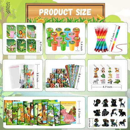 BenLouis 192Pcs Jungle Safari Party Favors Zoo Animals Coloring Books Crayons Sticker Stampers Slap Bracelets Set Bulk Classroom Prizes for Kids Wild One Party Baby Shower Goodie Bags Fillers