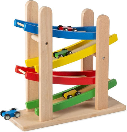 Play22 Wooden Car Ramps Race - 4 Level Toy Car Ramp Race Track Includes 4 Wooden Toy Cars - My First Baby Toys - Toddler Race Car Ramp Toy Set is A Great Gift for Boys and Girls - Original by Play22