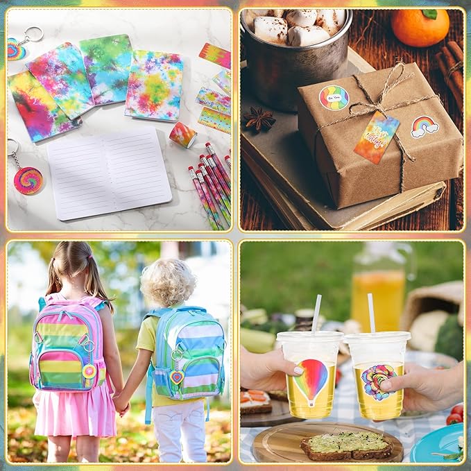 Noveread 251 Pcs Party Favors Set Includes Drink Gift Cup Mini Notebooks Pencils Heart Eraser Pencil Sharpener Slap Bracelets Ruler Tattoo Stickers Cards Keychain School Stationery Set (Tie Dye)