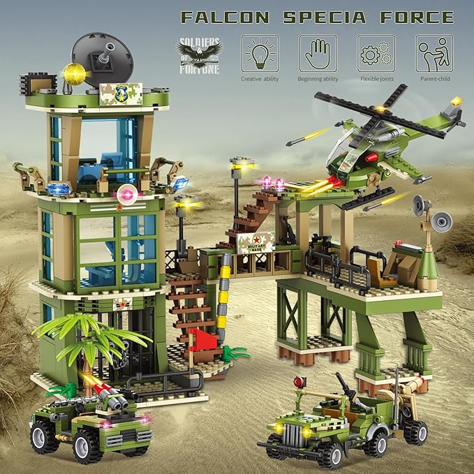 City Military Base Building Block, Compatible with Lego Military Base, Army Toy with War Helicopter, Marine Artillery Vehicle, Police Car, Gift for Kid 6 7 8 9 10 11 12 13 14 Years Old (811 Pieces)