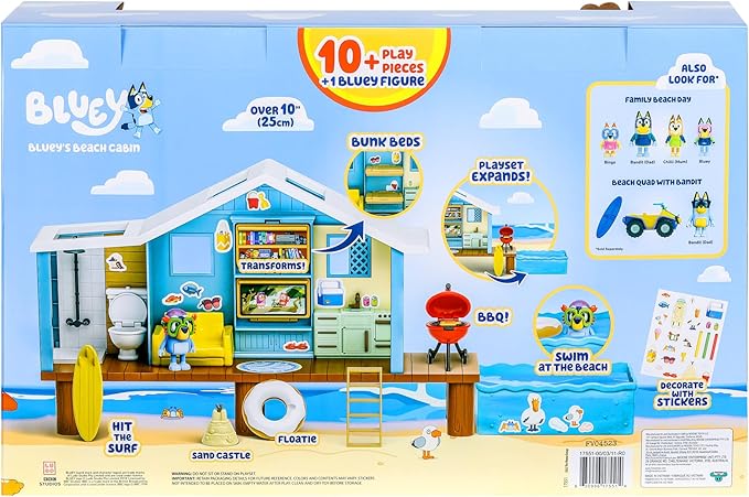 Bluey Beach Cabin Playset, with Exclusive Figure with Goggles. Includes 10 Play Pieces and Sticker Sheet