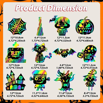 Halloween Scratch Paper Art Set - 48 Pcs Halloween Magic Rainbow Scratch Off Cards for Kids, Pumpkin, Ghost, Witch Hanging Ornaments for Halloween Party Favors Activities(12 Styles)