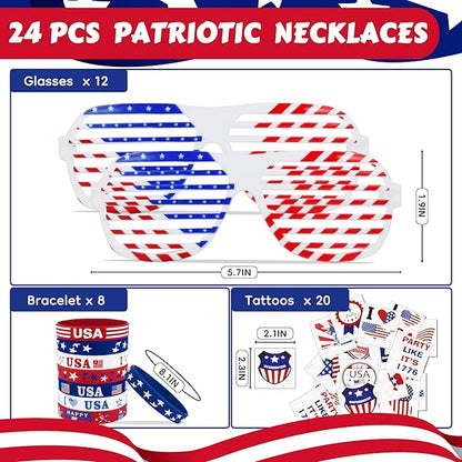4th of July Patriotic Accessories for kids Including Glasses Necklaces Headbands Bracelets Tattoos for Fourth of July Party Decorations, Independence Day, Memorial Day
