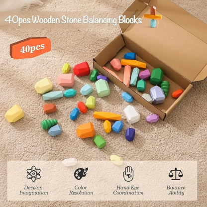OESSUF Stacking Rocks 40Pcs Stacking Rocks Balancing Stacking Stones Wooden Stacking Toys Wooden Stone Stacking Game for Toddler Wood Sorting Montessori Stacking Rocks for Kids