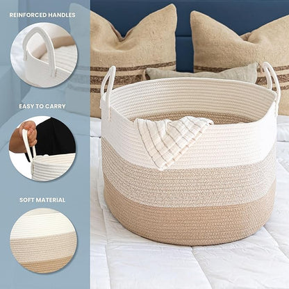 OrganiHaus Large Woven Storage Basket for Blankets and Toys 20" x 13" Inch, Rope Laundry Basket with Handles, Cushions & Pillows Storage Bin, Nursery Hamper, Soft Round Dog Toy Bin - Honey