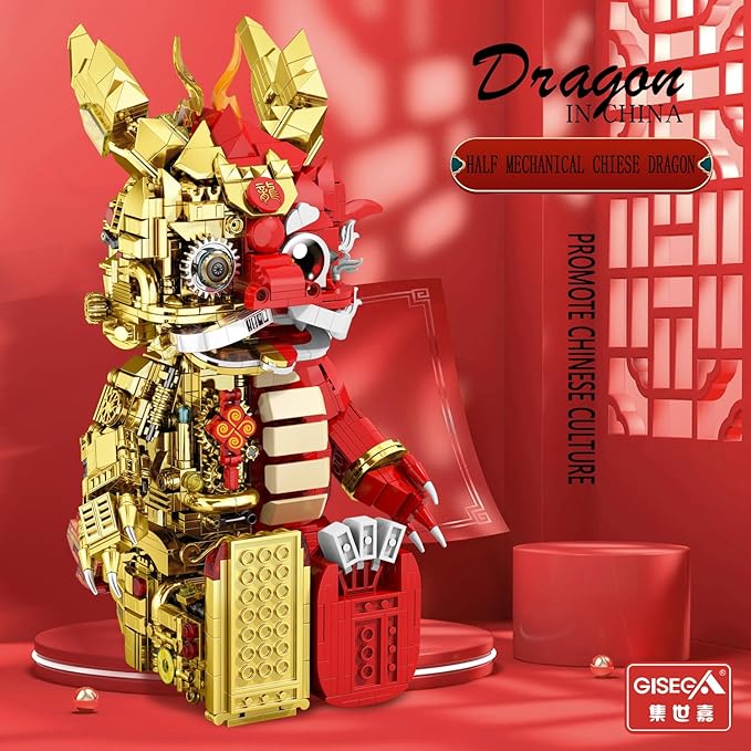 Suitable for Ages 15+ Small Particles (1962 Pieces) Semi Mechanical Chinese Loong Building Block Toys Compatible with Lego Comes with a Transparent Display Box and Building Block Tool Set