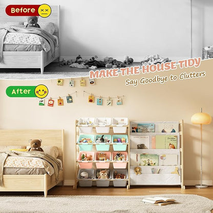 EXPERLAM Toy Storage Organizer with Bookshelf - 12 Storage Bins 4-Tier Multipurpose Shelf to Organize Toys and Books for Kids Room, Playroom, Nursery Room, Multi-Color