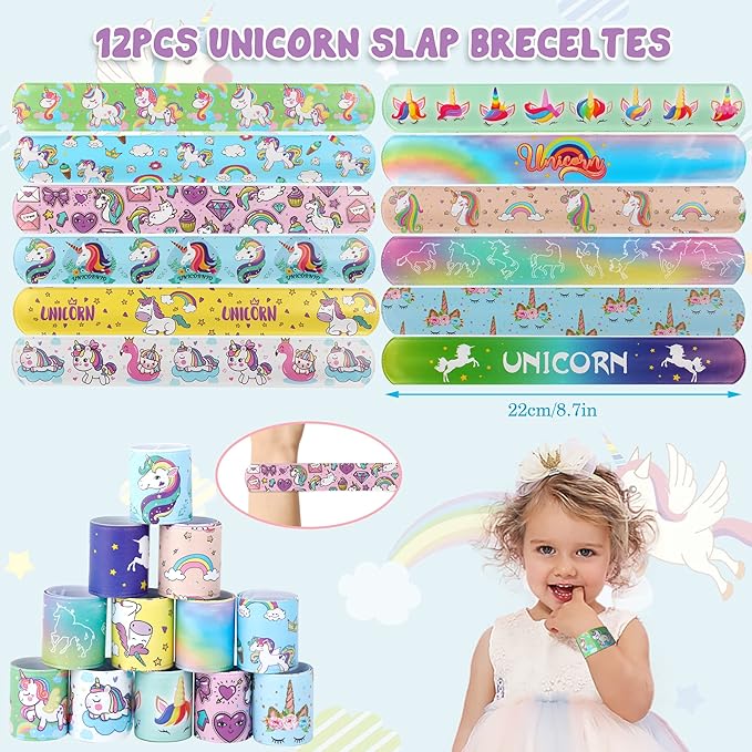 122pcs Unicorn Party Favors for Kids, Unicorn Party Decorations, Includes Unicorn Stampers for Kid, Slap Bracelets, Rings, Stickers, Luggage Sticker Unicorn Party Supplies for Birthday Gift