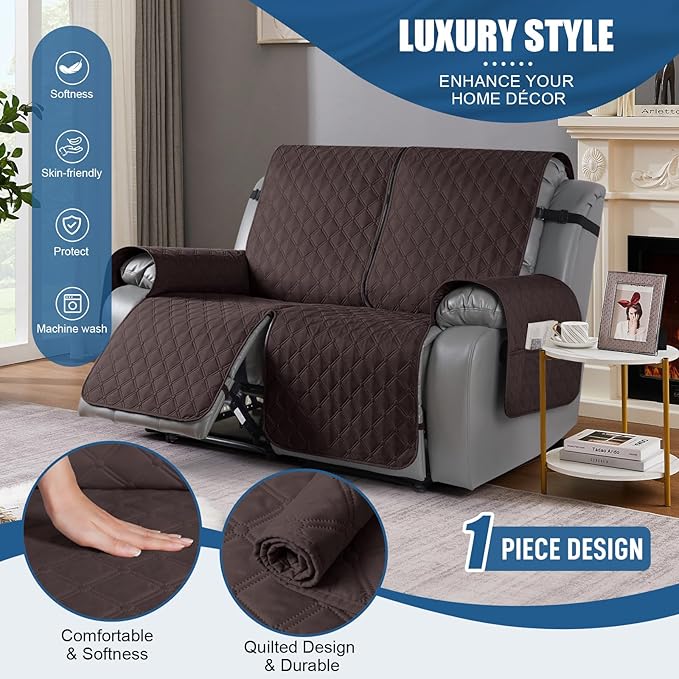 TAOCOCO 100% Waterproof Recliner Covers, Recliner Sofa Covers with Leg Straps, Reversible Recliner Couch Cover for Reclining Chair, Washable Couch Protector for Pets Kids(2 Seater, Chocolate)