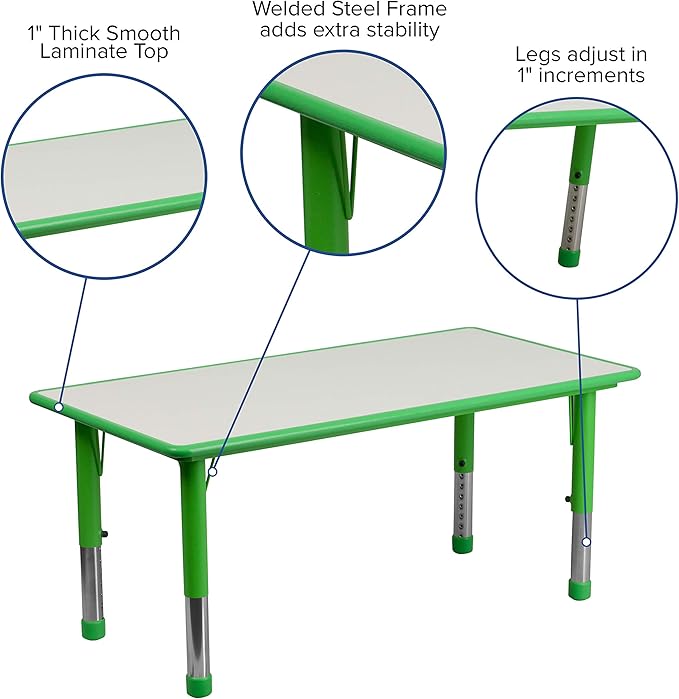 Flash Furniture Wren 23.625''W x 47.25''L Rectangular Green Plastic Height Adjustable Activity Table with Grey Top