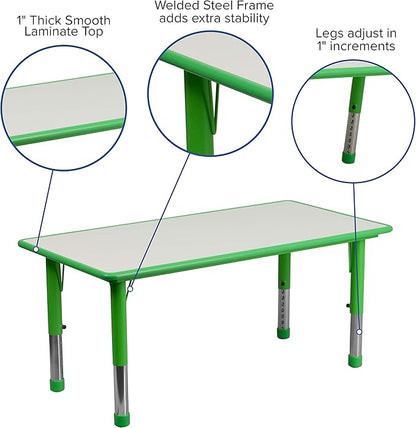 Flash Furniture Wren 23.625''W x 47.25''L Rectangular Green Plastic Height Adjustable Activity Table with Grey Top
