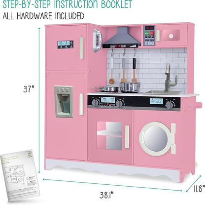 Lil’ Jumbl Kids Pink Kitchen Set, Pretend Wooden Play Kitchen, Battery Operated Icemaker, Microwave, Range Hood, Stove Top, Oven, with Realistic Sound & Lights, Pots, Pan, & Utensils Included