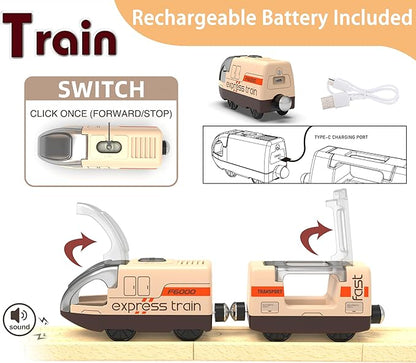 Electric Train for Wooden Track, Remote Control Train Toy, Motorized Train and Tunnel with Voice & Lights Effect, Battery Operated Locomotive Train Set Compatible with Thomas, Brio, Chuggington