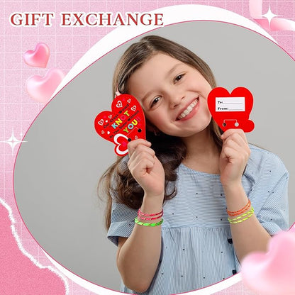 Sratte 50 Pcs Valentine's Day Neon Friendship Bracelets Bulk with 50 Pcs Heart Card for Valentine's Gifts Birthday Goodie Bag Stuffers(Paper,Slap Bracelets)